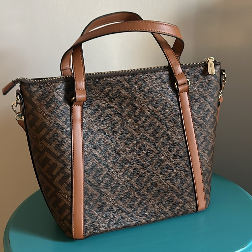Ellen Tracy Brown Signature Collection Brown Logo Printed Tote with Strap - Picture 5 of 10
